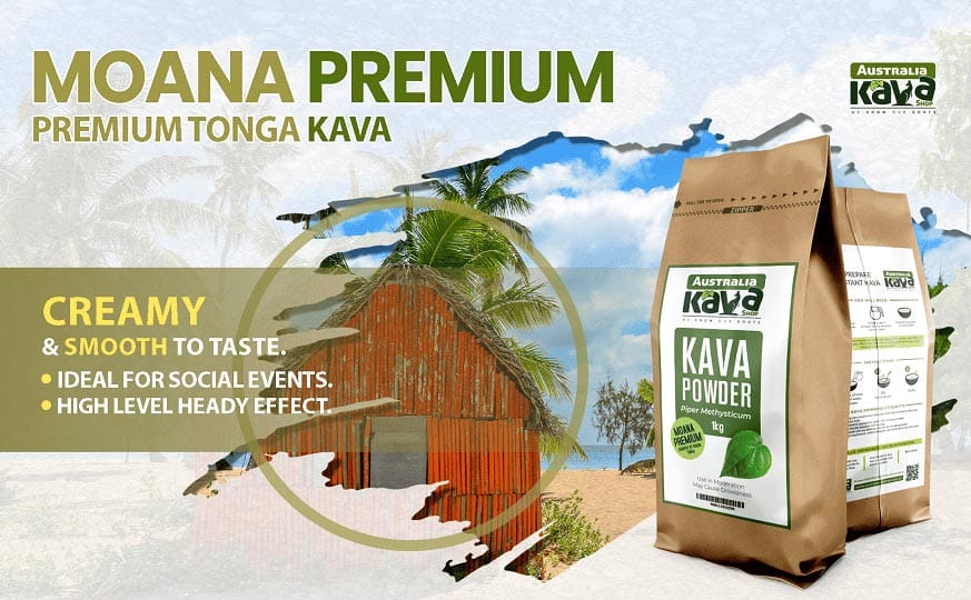 Image of Moana Premium Kava pack with caption Buy Tongan Kava